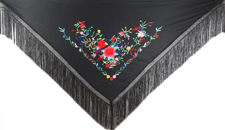 MANTON ; CHALE ; TRIANGLE NOIR BRODE MULTICOLOR