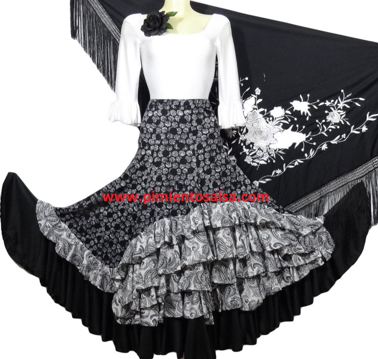 Jupe Flamenco 2 Volants Noir - 100% Polyester, Ceinture Élastique, Pour Cours De Danse