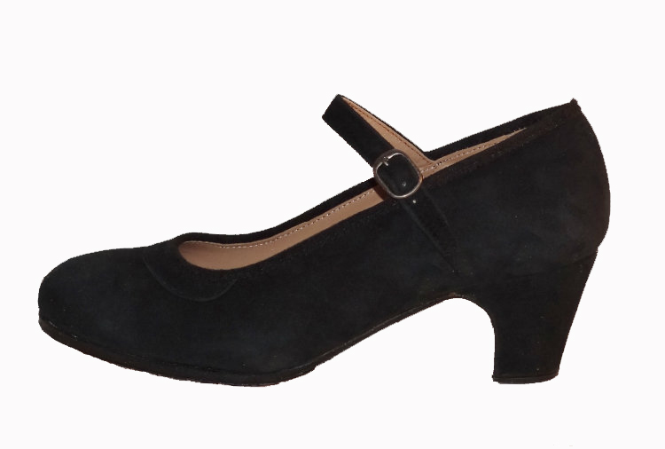 CHAUSSURES FLAMENCO EN DAIM NOIR PROF AVEC BRIDE TOUT CUIR COUSU MAIN – Image 2
