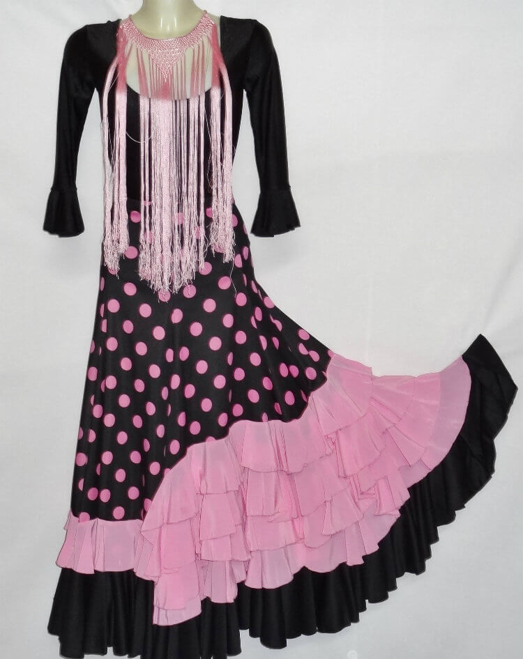 JUPE FLAMENCO FILLETTE NOIR ET VOLANTS ROSE A POIS ROSE – Image 2